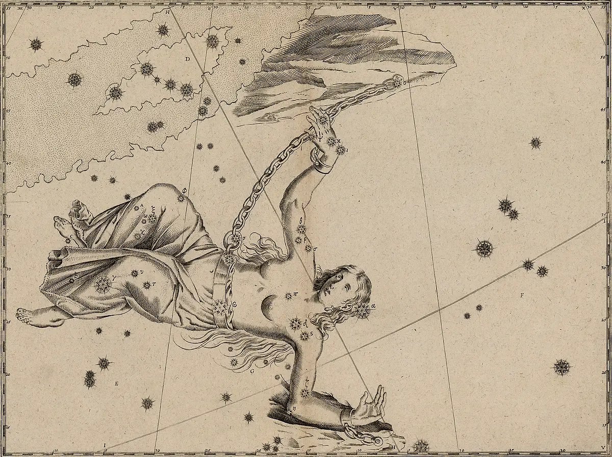 Andromeda, the Chained Lady — The constellation Andromeda, After Bayer / Hevelius / Flamsteed, engraved 16th–18th c.