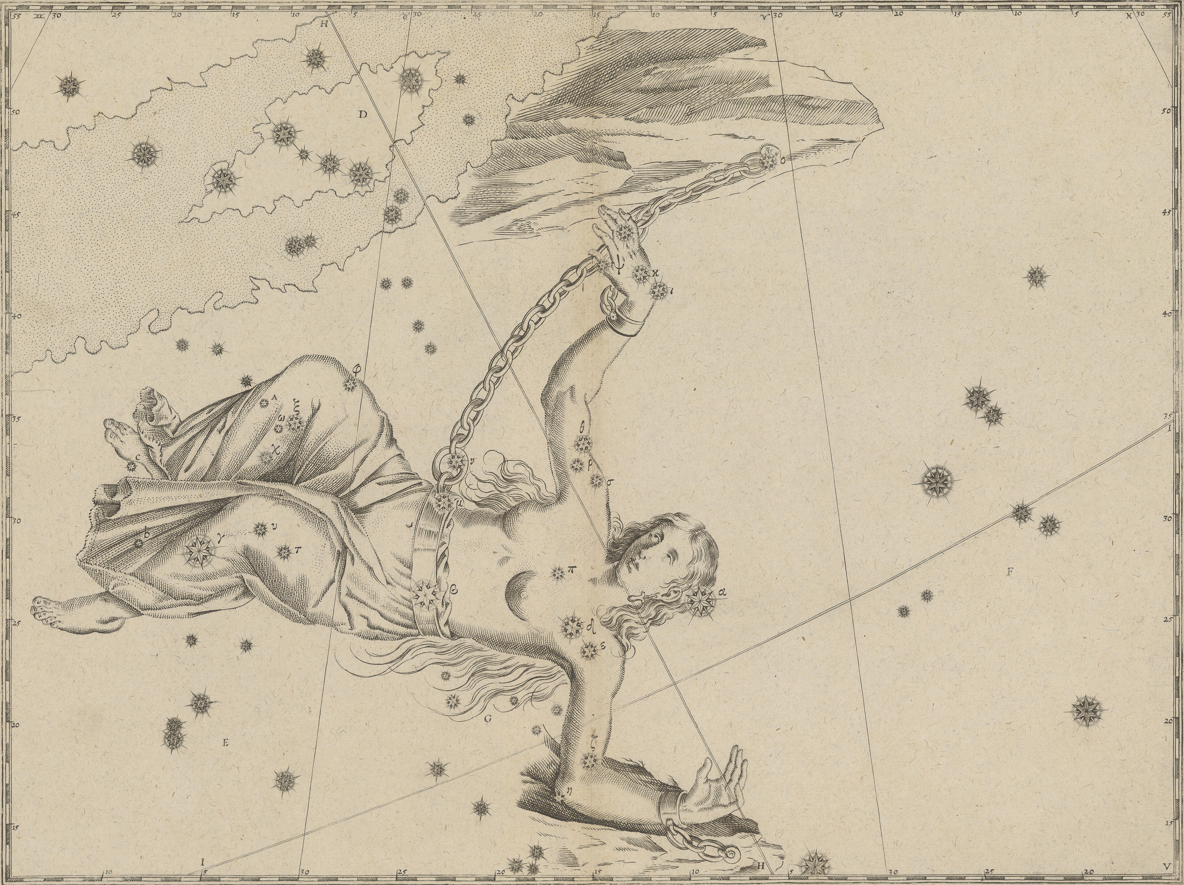 Andromeda, the Chained Lady — The constellation Andromeda, After Bayer / Hevelius / Flamsteed, engraved 16th–18th c.