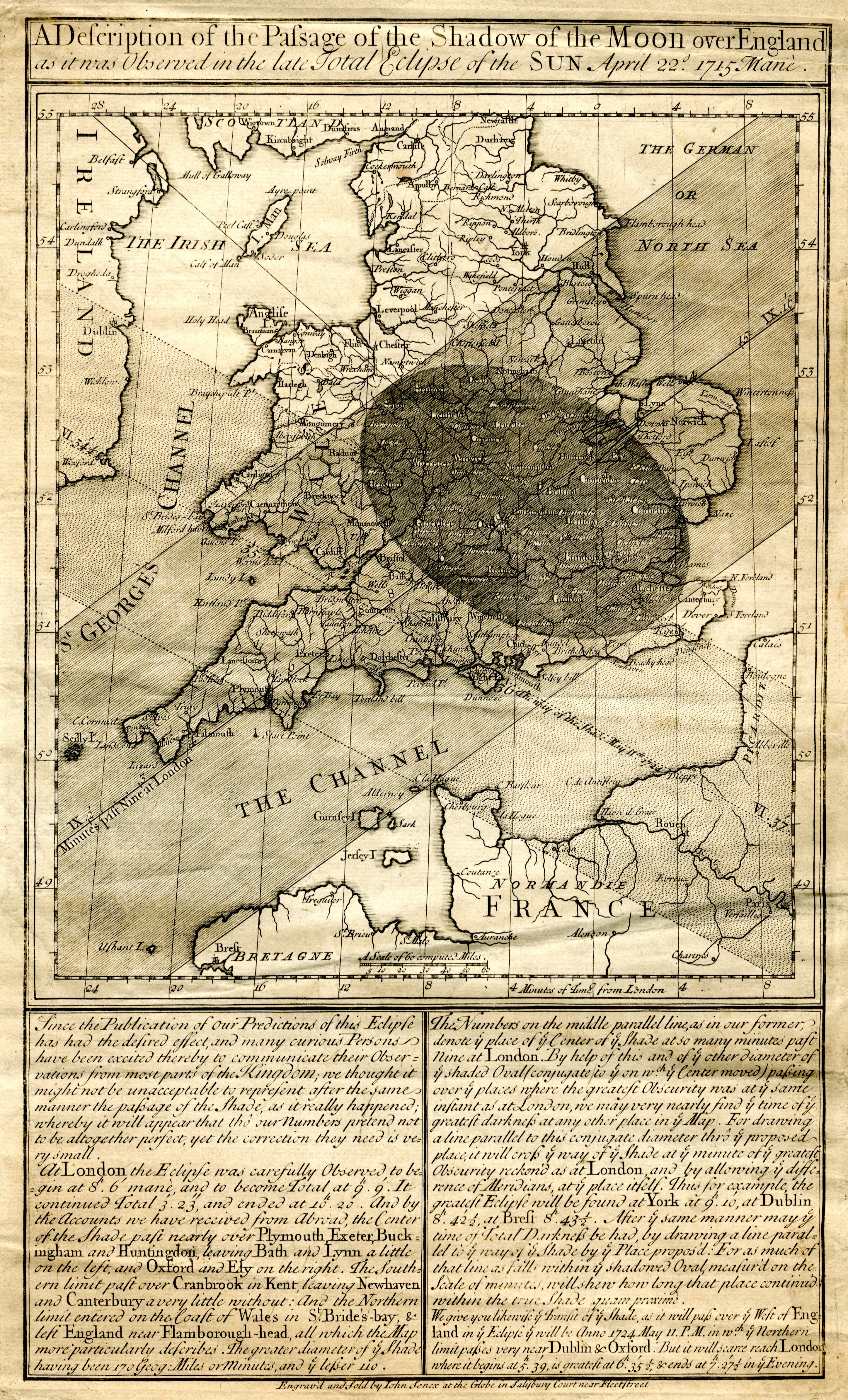 Halley's Eclipse Map of 1715 — A Description of the Passage of the Shadow of the Moon over England, Edmond Halley, 1715